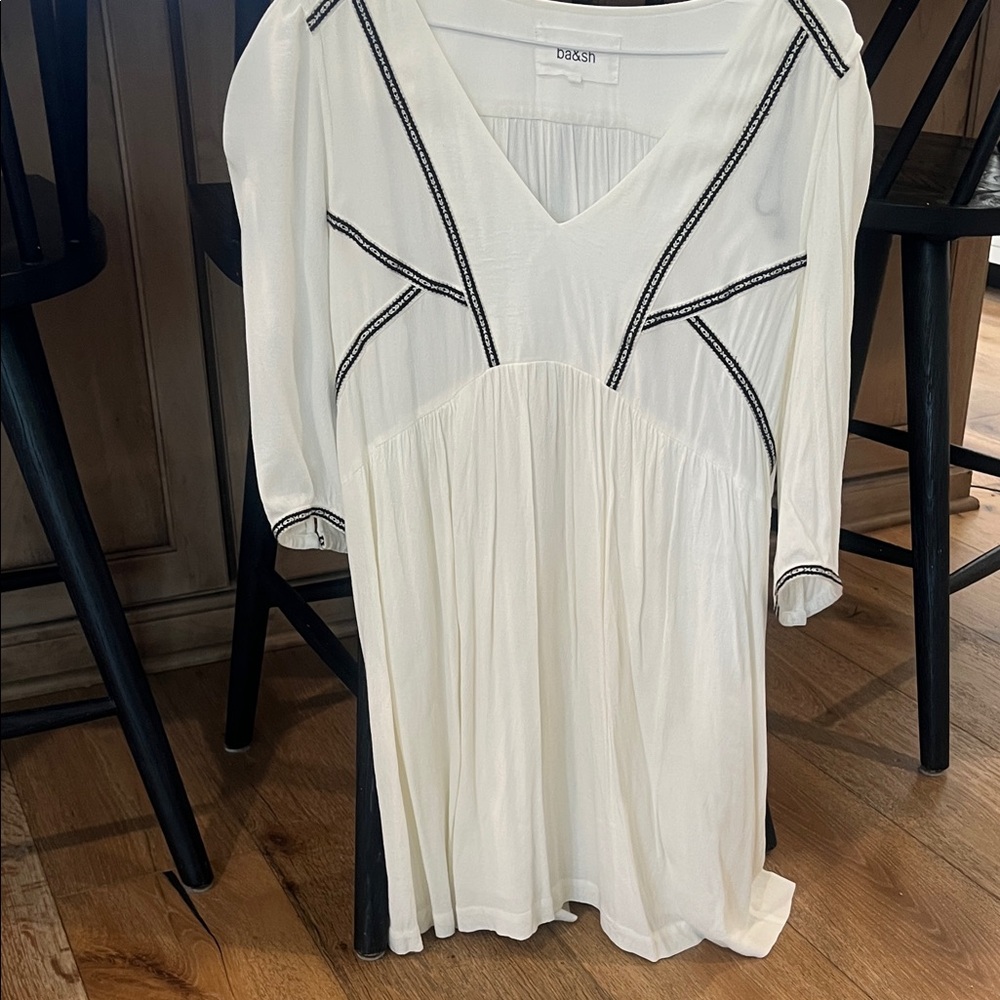 ba&sh Cream Mini Dress with Black Trim V-Neck